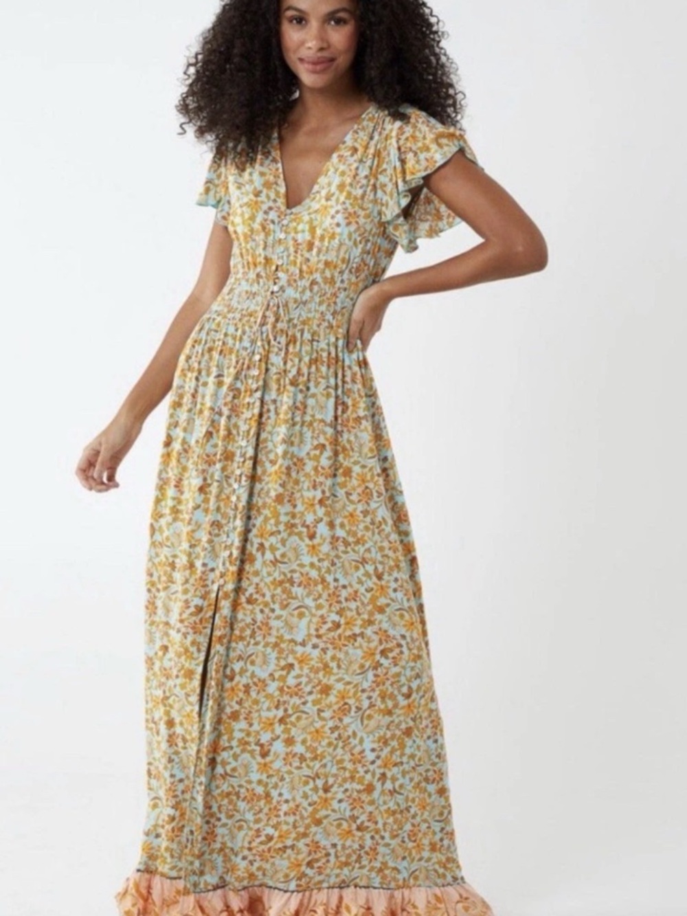 Smocked V-Neck Yellow Floral Maxi Dress with Ruffle Hem